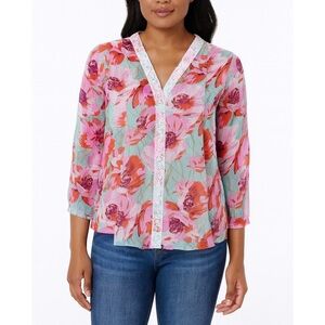NY Collection | Floral Lace Jewel Buttons Swing Out V-Neck Lightweight Blouse